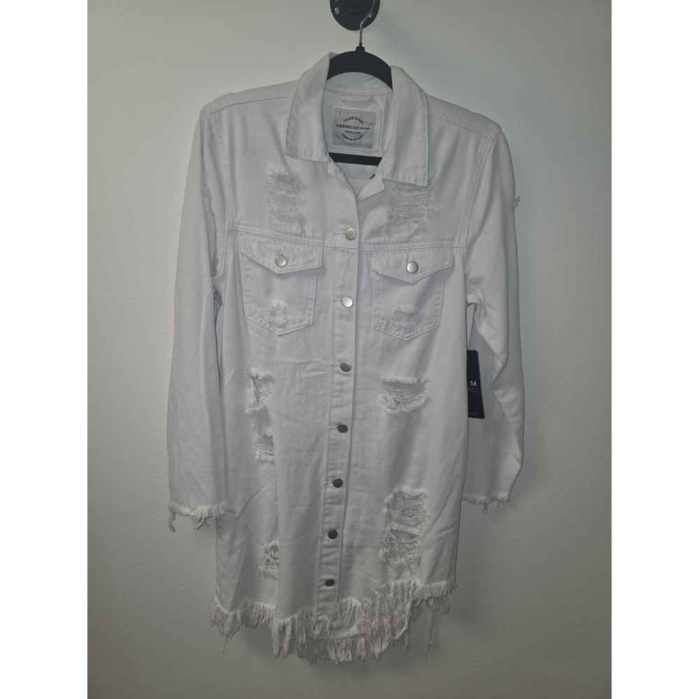 American Bazi Denim White Jean Jacket Distressed Long Length With Pockets Size M